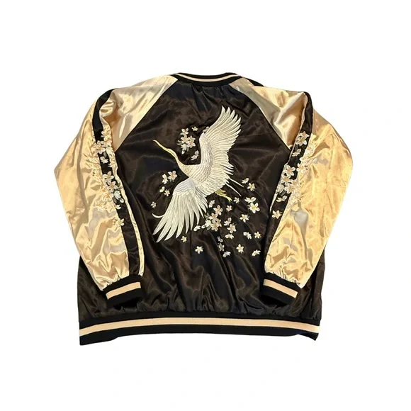 Black and Gold Women's Reversible Bomber Jacket with Japanese Style Embroidery - Picture 3 of 9